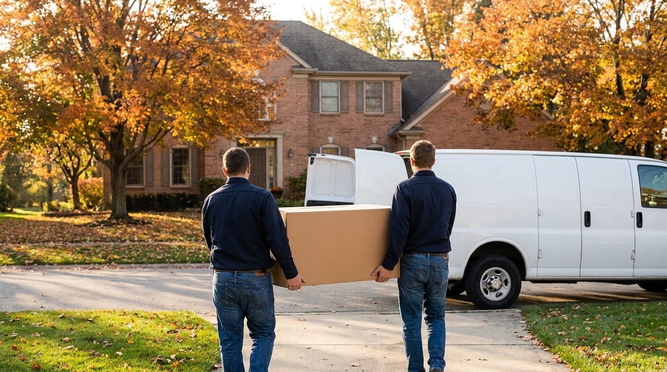 Two workers carrying a box to a white cargo van outside an Ottawa home