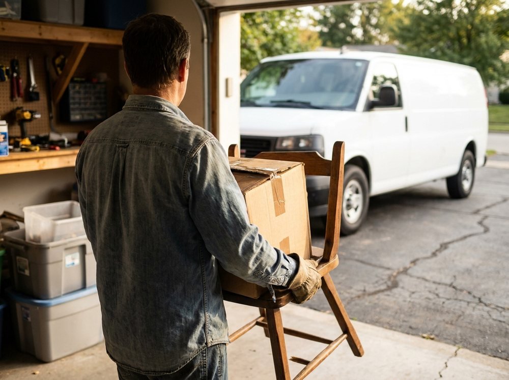 Clearing an old chair and boxes from a garage into the van