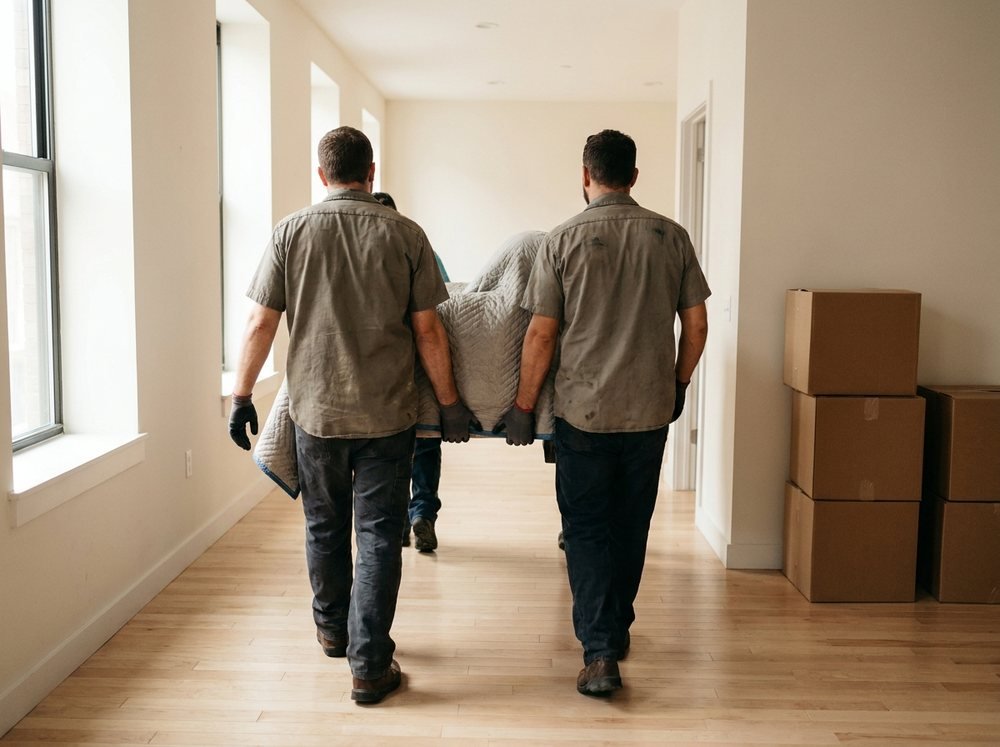 Two movers carrying a blanket wrapped sofa through an empty apartment