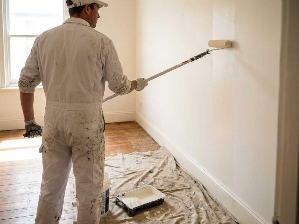 Rolling fresh white paint onto an interior wall